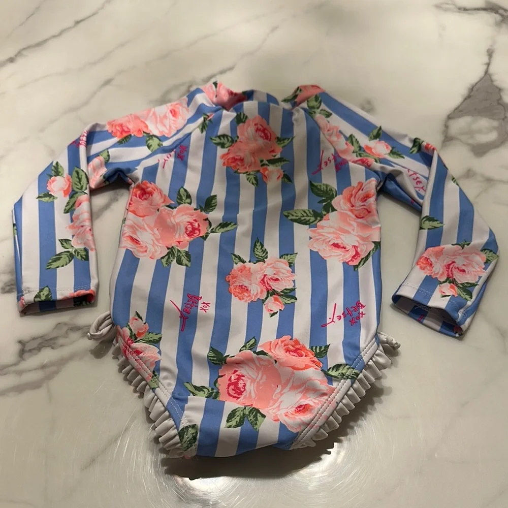 Betsey Johnson Pink Floral and Blue Striped Swimsuit